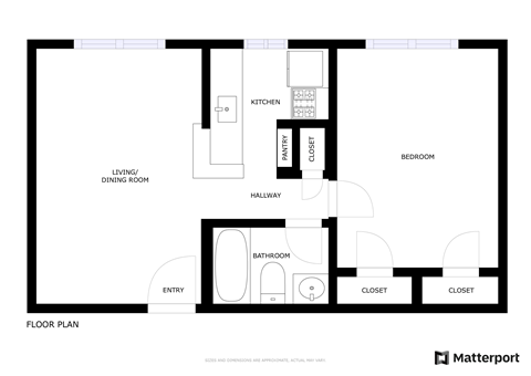 Floor plan for 1 bed, 1 bath, 620 sqft